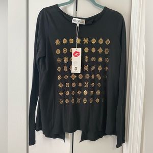 NWT Wildfox black top with gold symbols and back slit
